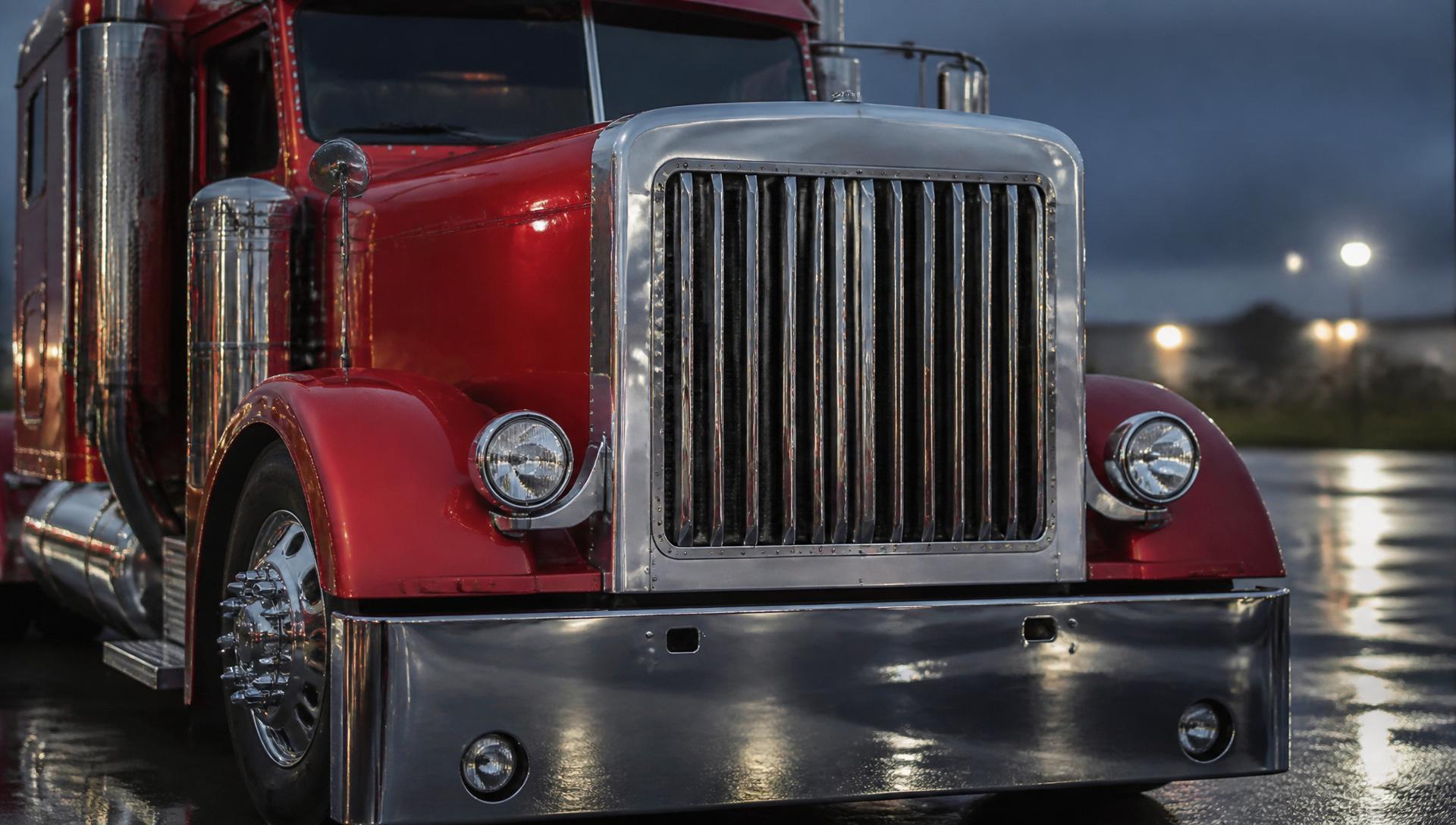 Modern semi-truck parked in a lit freight yard at dusk
