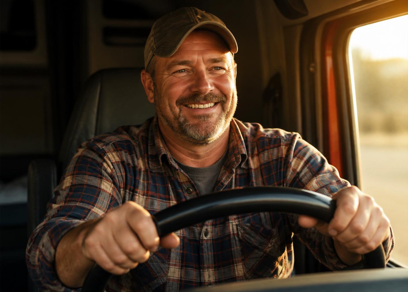 Happy American truck driver smiling behind the wheel of a Class 8 sleeper cab
