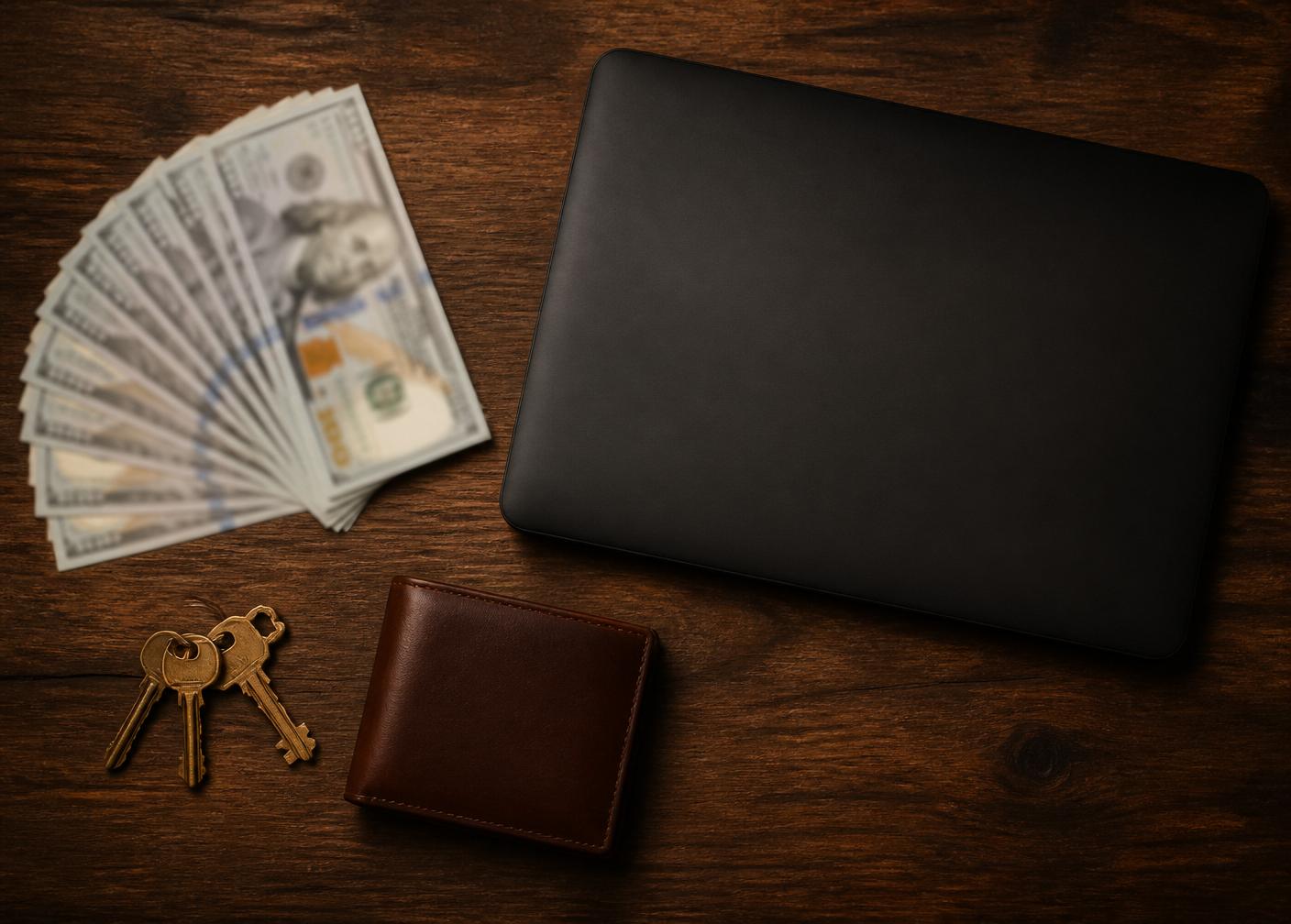 Freight invoices, cash, and laptop on a dispatch desk