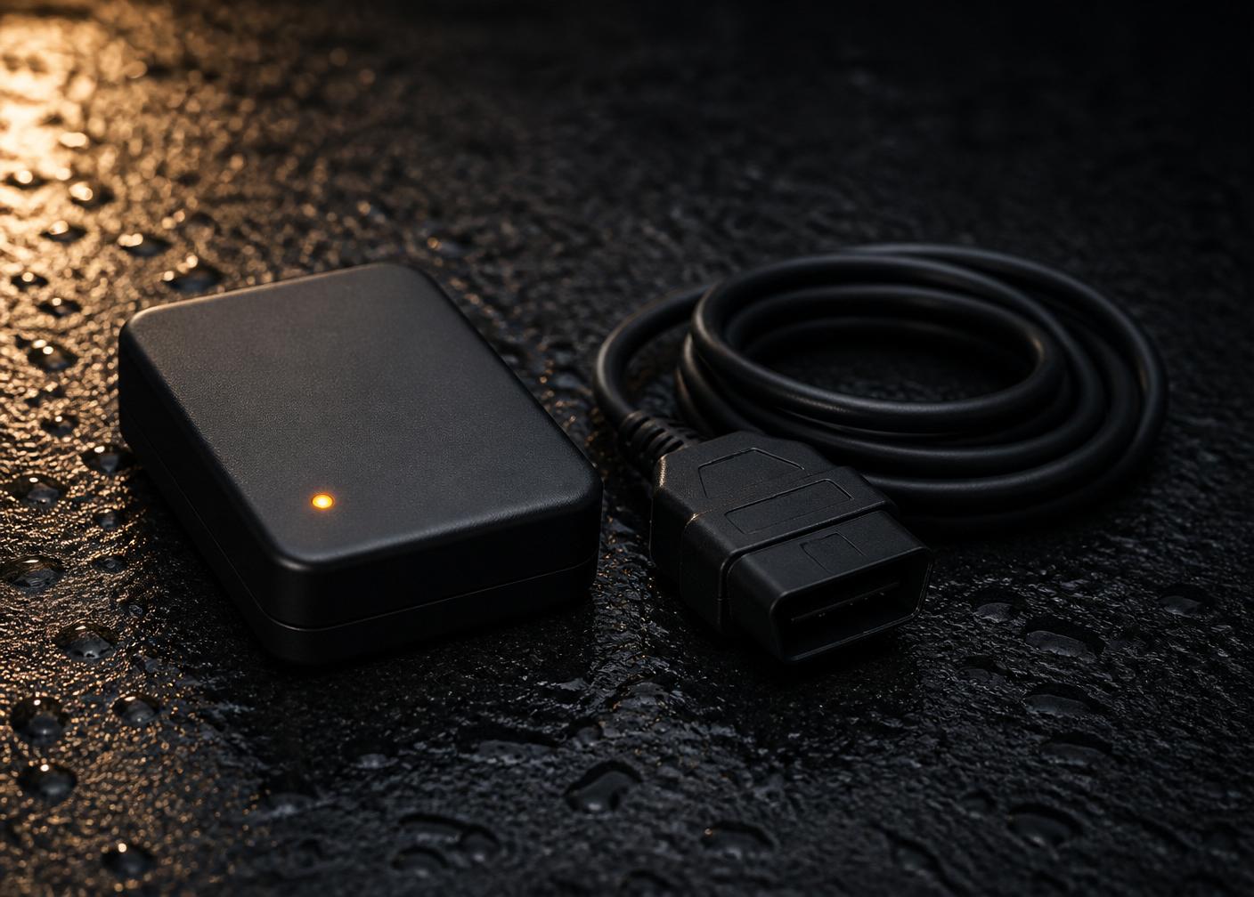 Rugged ELD hardware device on textured asphalt